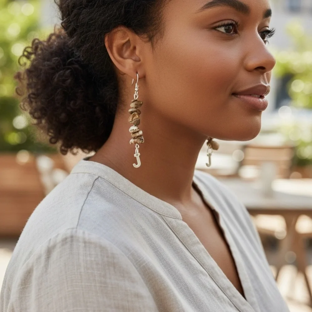 🆕 “J” Initial and Gemstones Dangle Earrings-Stainless Steel